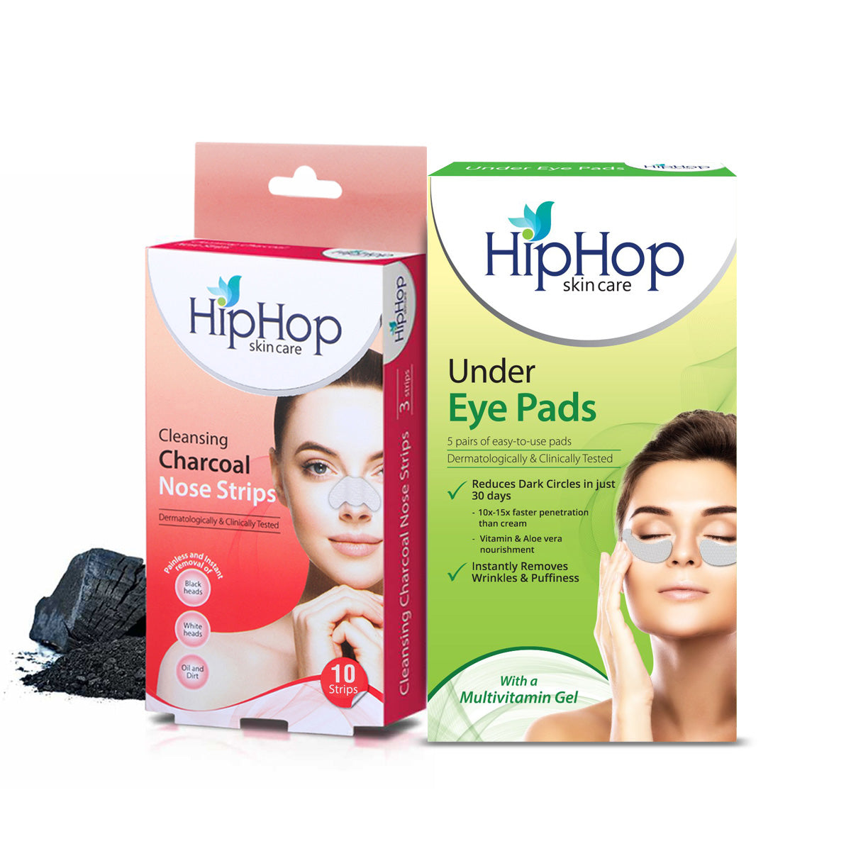 HipHop Blackhead Remover Nose Strips for Women (Activated Charcoal, 10 Strips) + Under Eye Pads (Multivitamin Gel, 5 Pairs)