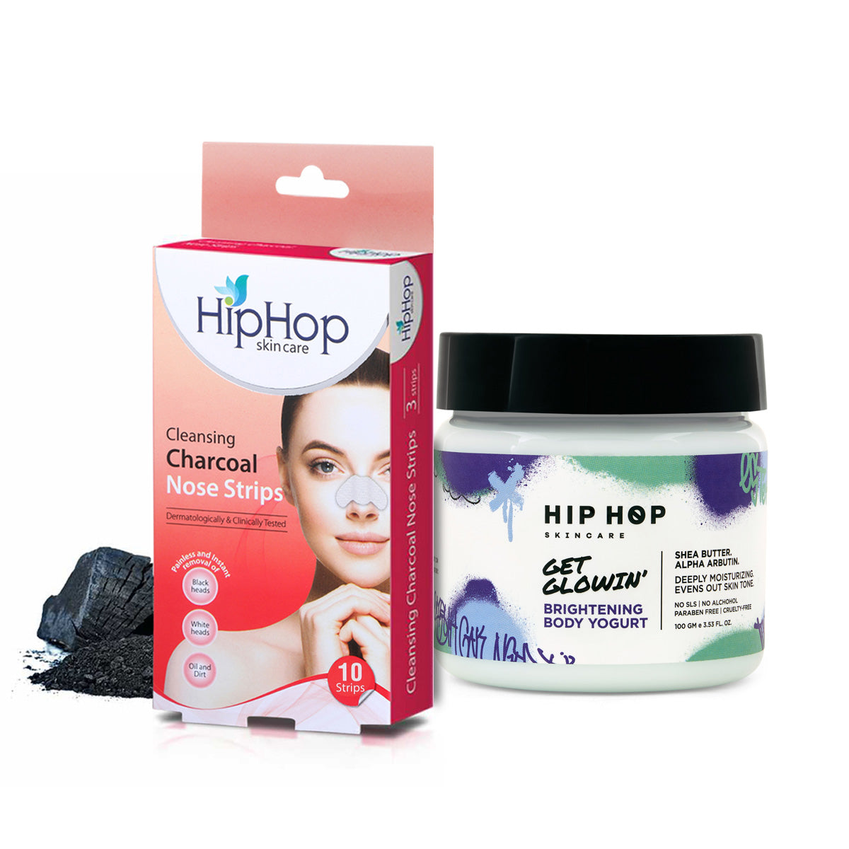 HipHop Blackhead Remover Nose Strips for Women (Activated Charcoal, 10 Strips) + Brightening Body Yogurt (100 gm)