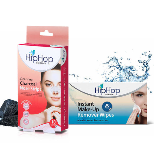 HipHop Blackhead Remover Nose Strips for Women (Activated Charcoal, 10 Strips) + Instant Makeup Remover Wipes (Micellar water, 30 Wipes)