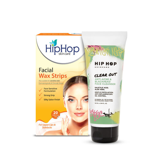 HipHop Facial Wax Strips (Argan Oil, 20 Strips) + Anti-Acne Face Cleanser (Salicylic Acid, 100 ml)