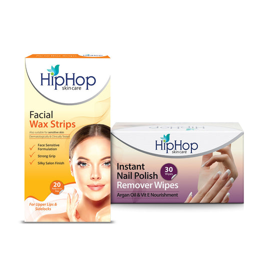 HipHop Facial Wax Strips (Argan Oil, 20 Strips) + Instant Nail Polish Remover Wipes (Argon Oil, 30 Wipes)