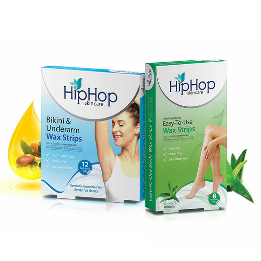 HipHop Bikini & Underarm Wax Strips (Argan Oil, 12 Strips) + Body Wax Strips (Aloe Vera, 8 Strips)