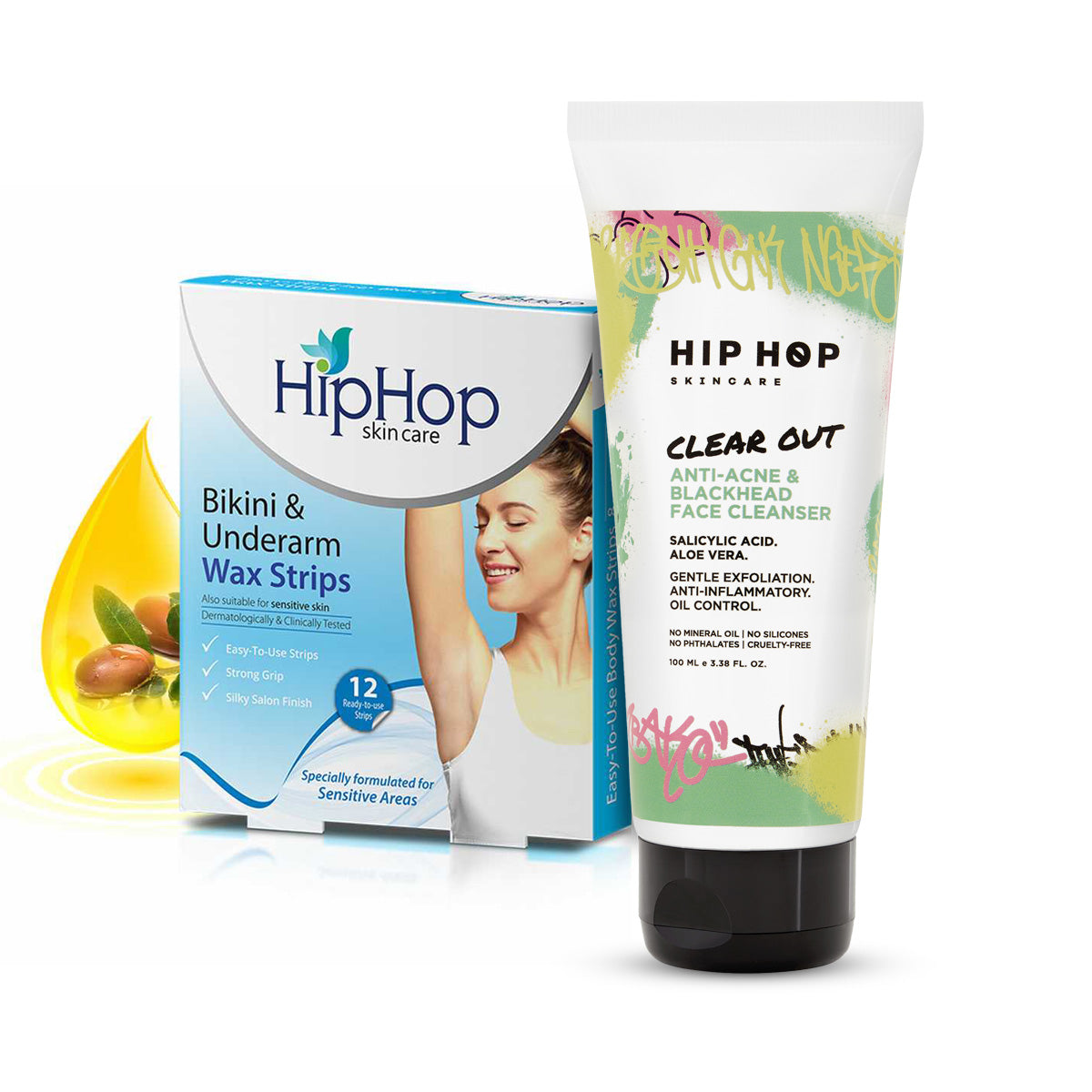 HipHop Bikini & Underarm Wax Strips (Argan Oil, 12 Strips) + Anti-Acne Face Cleanser (Salicylic Acid, 100 ml)