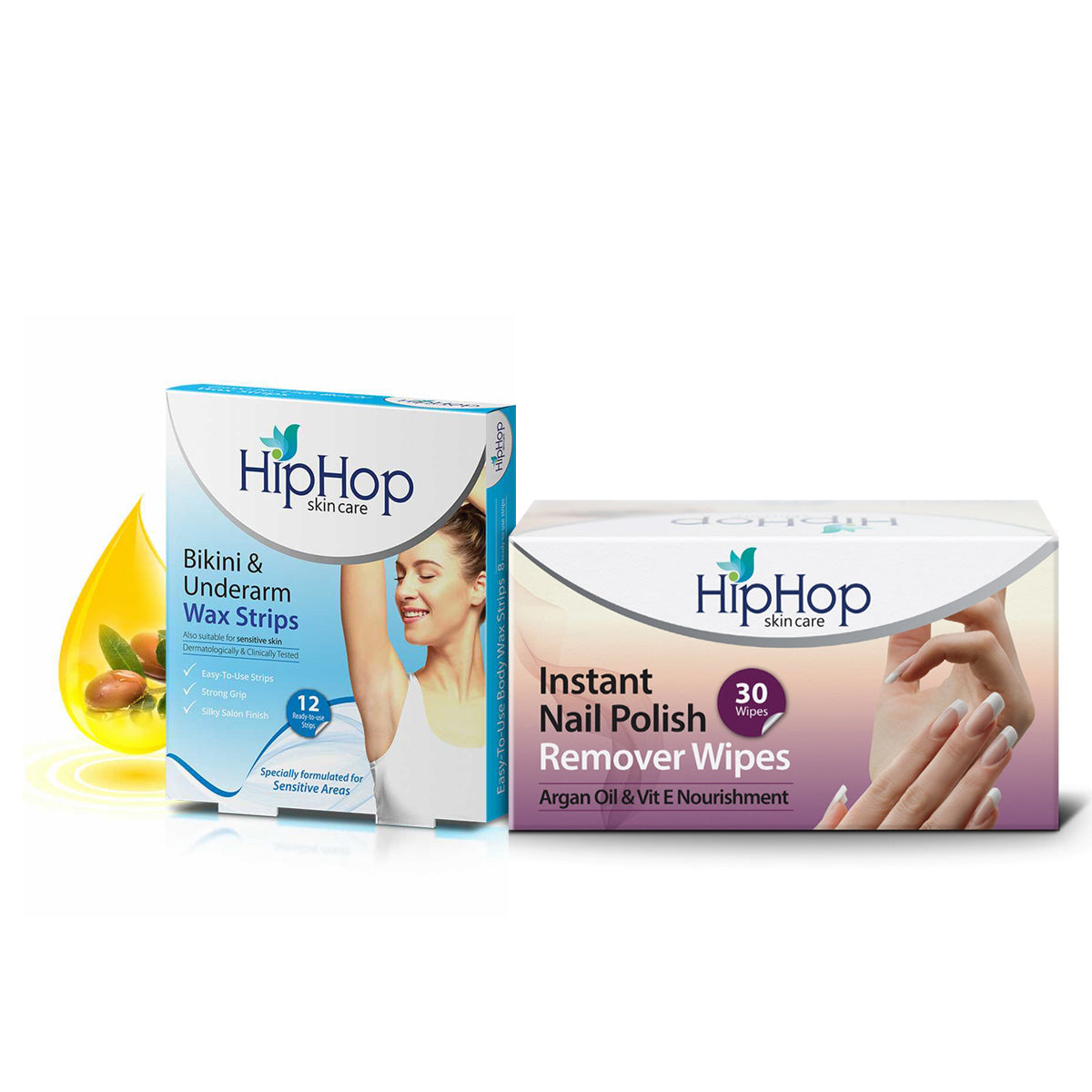 HipHop Bikini & Underarm Wax Strips (Argan Oil, 12 Strips) + Instant Nail Polish Remover Wipes (Argon Oil, 30 Wipes)