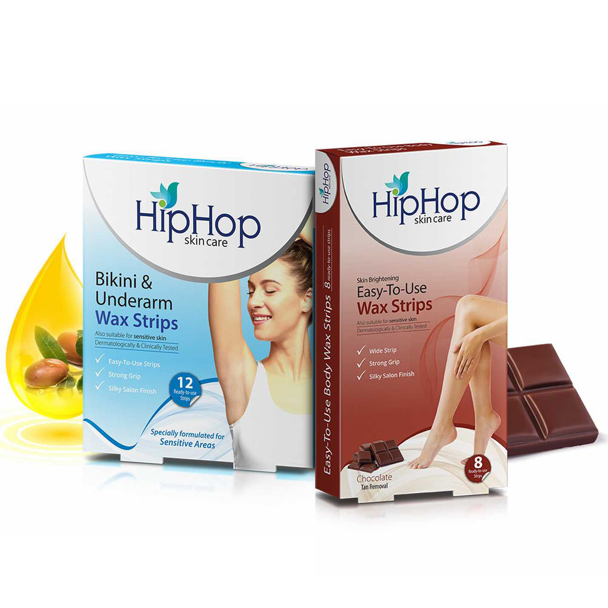 HipHop Bikini & Underarm Wax Strips (Argan Oil, 12 Strips) + Body Wax Strips (Choco Extract, 8 Strips)