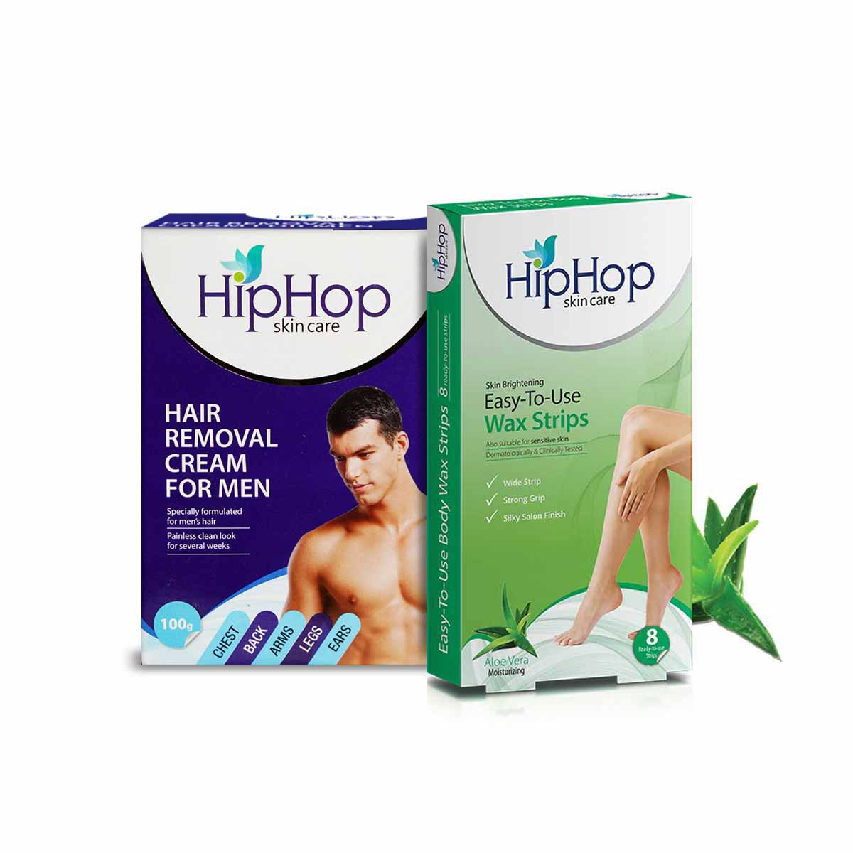 HipHop Body Wax Strips (Aloe Vera, 8 Strips) + Hair Removal Cream for Men (Aleo Vera, 100gm)