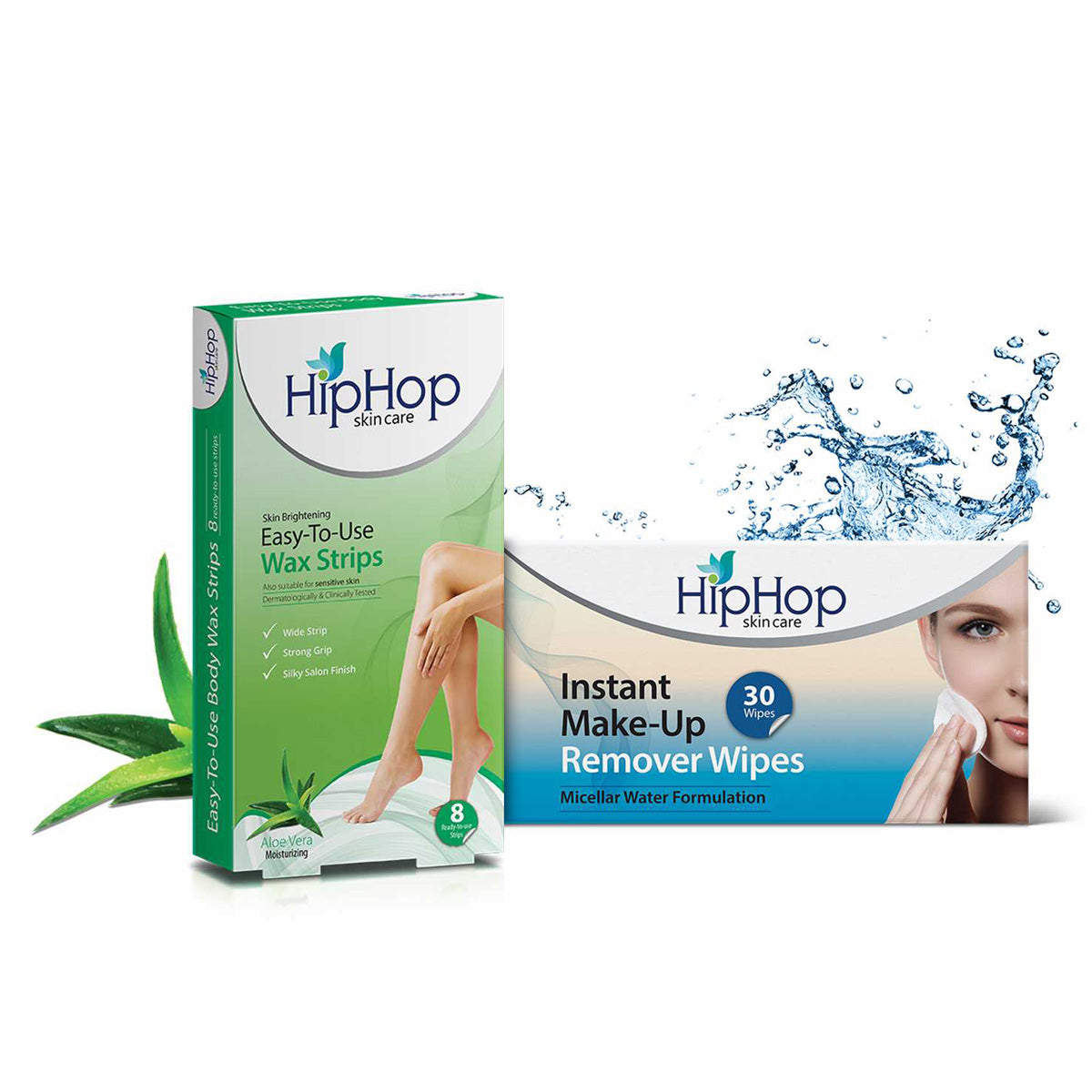 HipHop Body Wax Strips (Aloe Vera, 8 Strips) + Instant Makeup Remover Wipes (Micellar water, 30 Wipes)