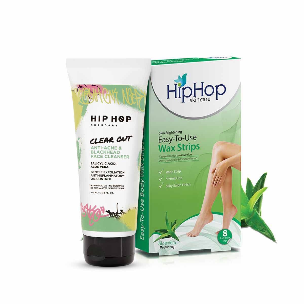 HipHop Body Wax Strips (Aloe Vera, 8 Strips) + Anti-Acne Face Cleanser (Salicylic Acid, 100 ml)