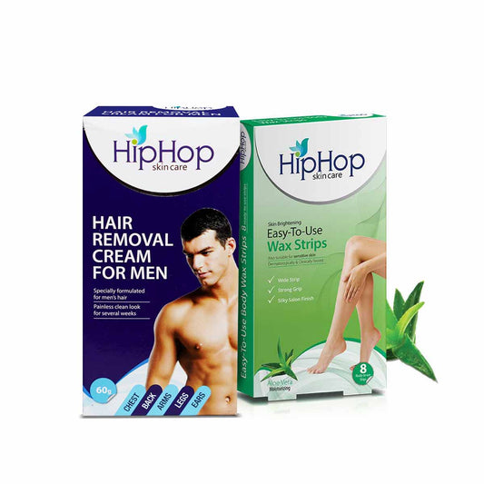 HipHop Body Wax Strips (Aloe Vera, 8 Strips) + Hair Removal Cream for Men (60gm)