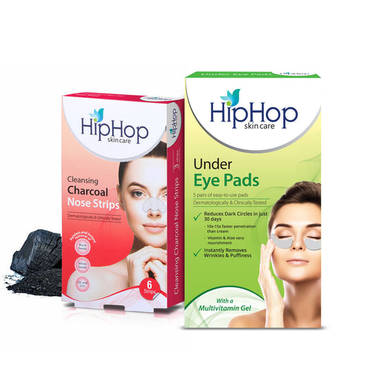 HipHop Blackhead Remover Nose Strips for Women (Activated Charcoal, 6 Strips) + Under Eye Pads (Multivitamin Gel, 5 Pairs)