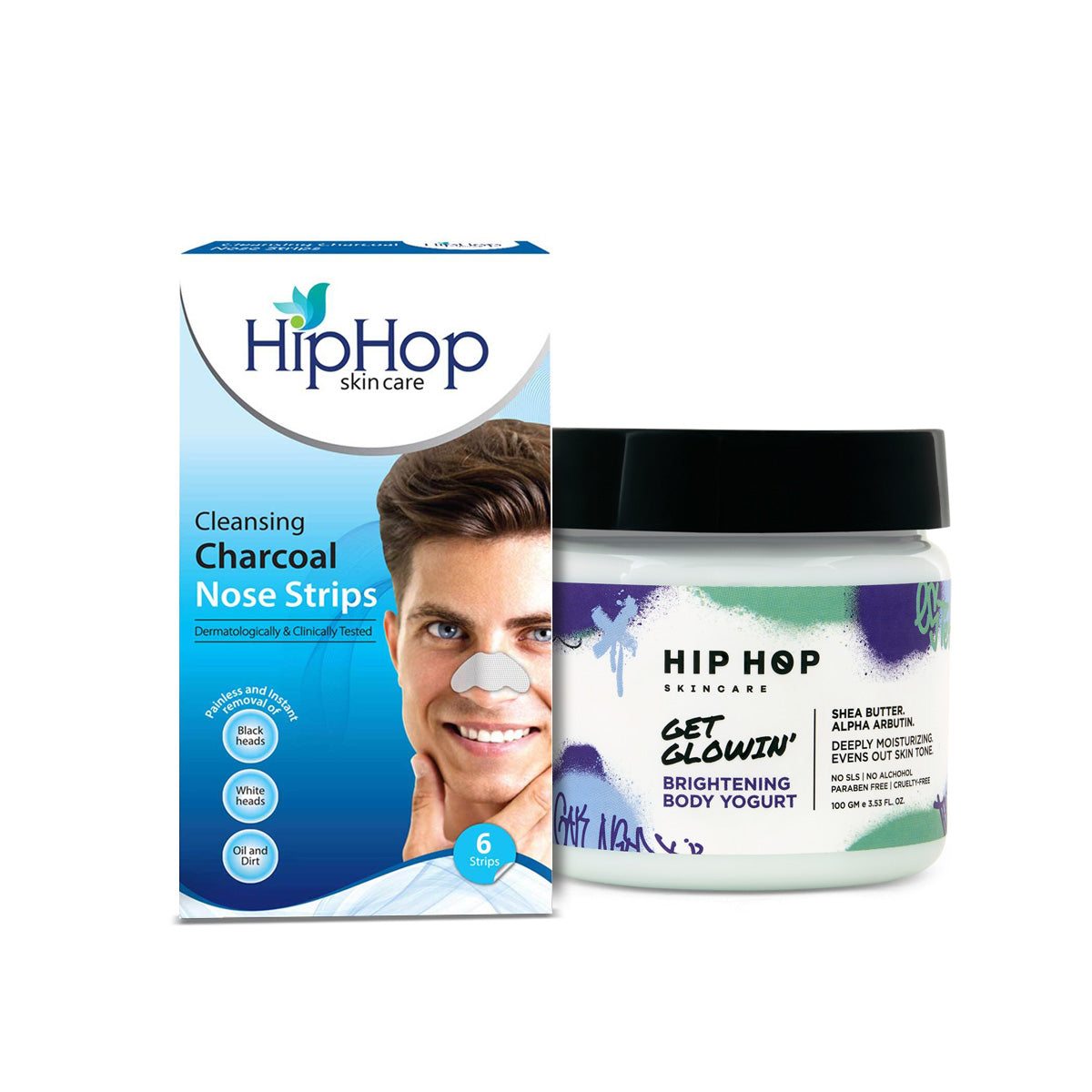 HipHop Blackhead Remover Nose Strips for Men (Activated Charcoal, 6 Strips) + Brightening Body Yogurt (100 gm)