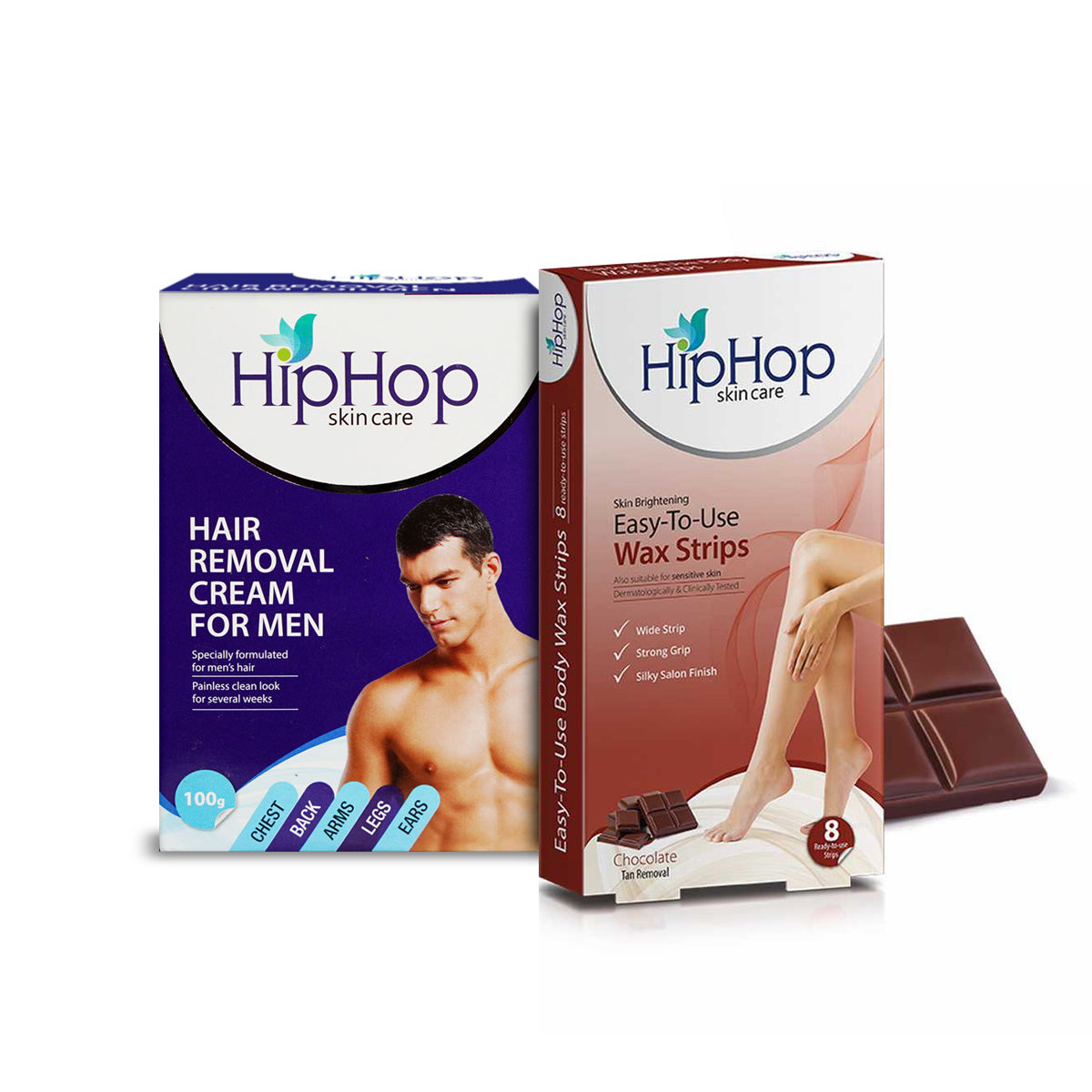 HipHop Body Wax Strips (Choco Extract, 8 Strips) + Hair Removal Cream for Men (Aleo Vera, 100gm)