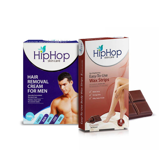 HipHop Body Wax Strips (Choco Extract, 8 Strips) + Hair Removal Cream for Men (Aleo Vera, 100gm)