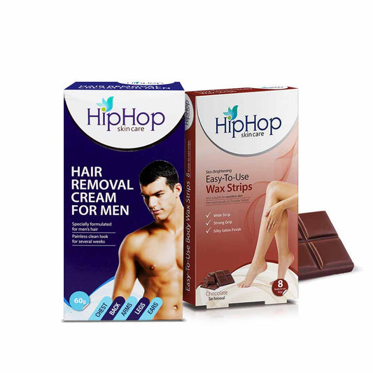 HipHop Body Wax Strips (Choco Extract, 8 Strips) + Hair Removal Cream for Men (60gm)