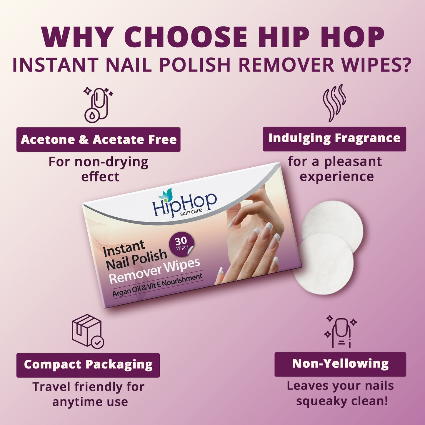 HipHop Body Wax Strips (Aloe Vera, 8 Strips) + Instant Nail Polish Remover Wipes (Argon Oil, 30 Wipes)