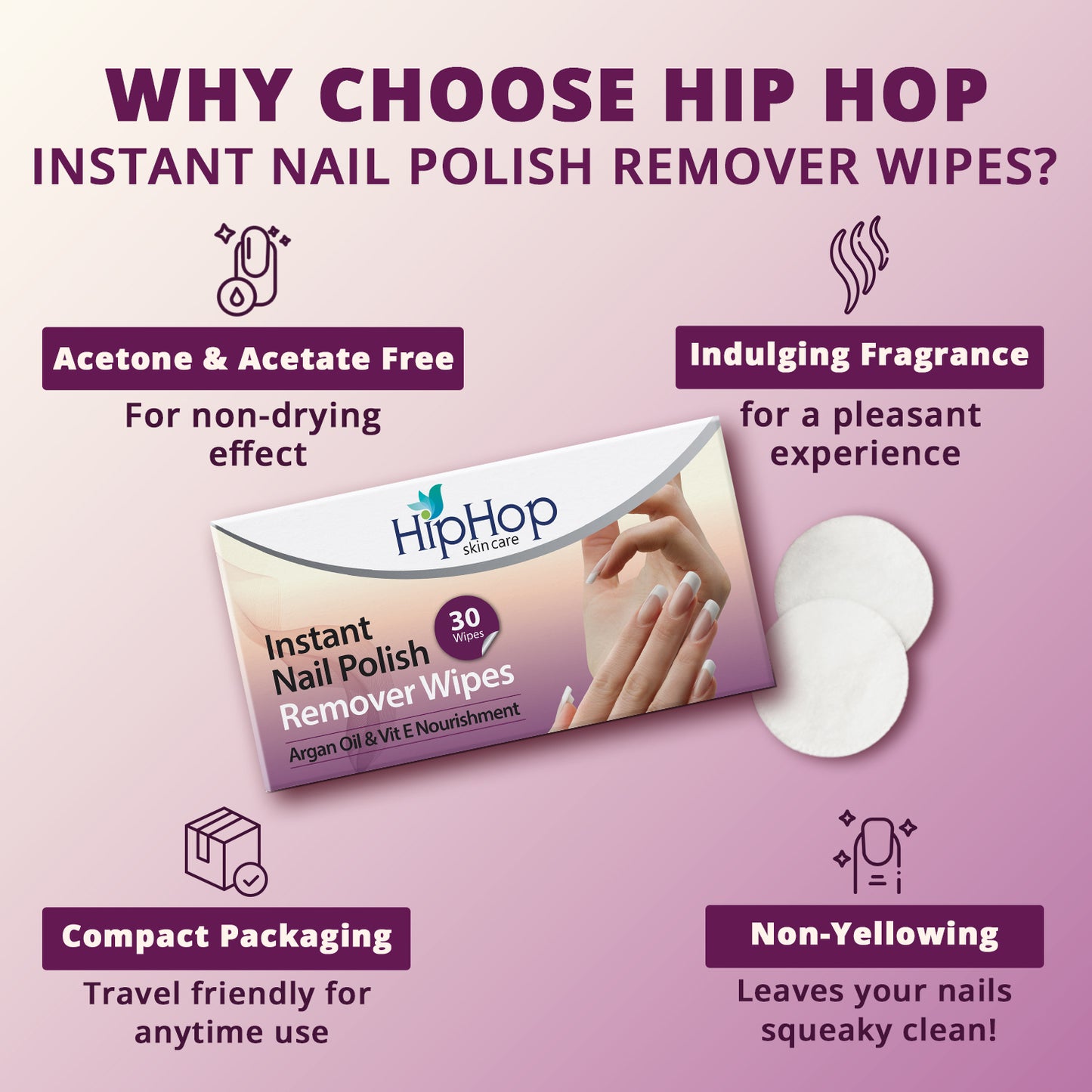 HipHop Bikini & Underarm Wax Strips (Argan Oil, 12 Strips) + Instant Nail Polish Remover Wipes (Argon Oil, 30 Wipes)