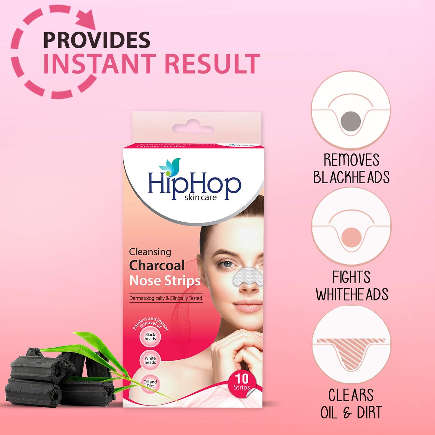 HipHop Blackhead Remover Nose Strips for Women (Activated Charcoal, 10 Strips) + Body Wax Strips (Choco Extract, 8 Strips)