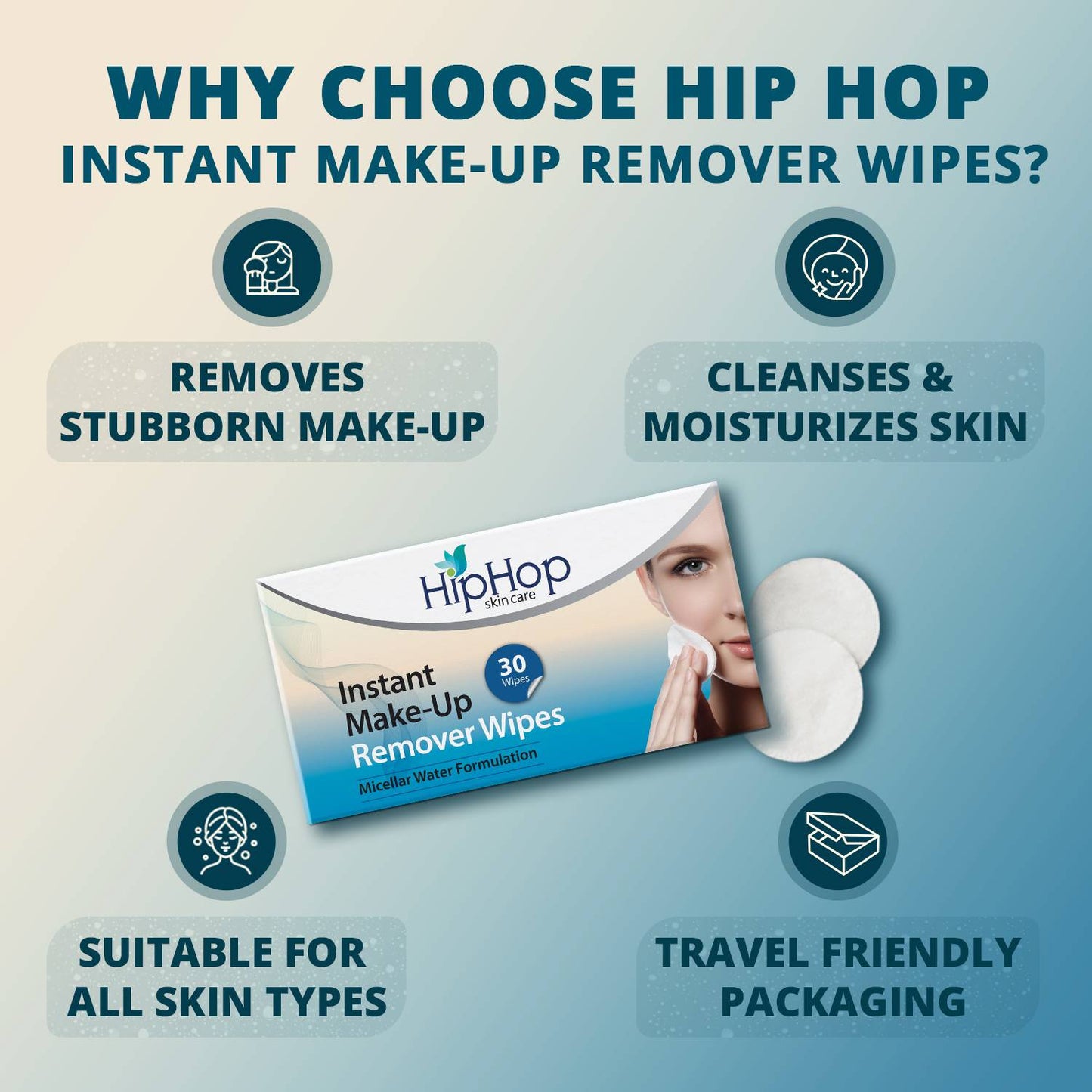 HipHop Instant Makeup Remover Wipes With Micellar water (30 Wipes)