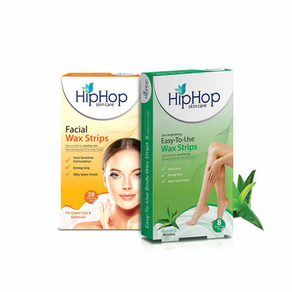 HipHop Facial Wax Strips (Argan Oil, 20 Strips) + Body Wax Strips (Aloe Vera, 8 Strips)