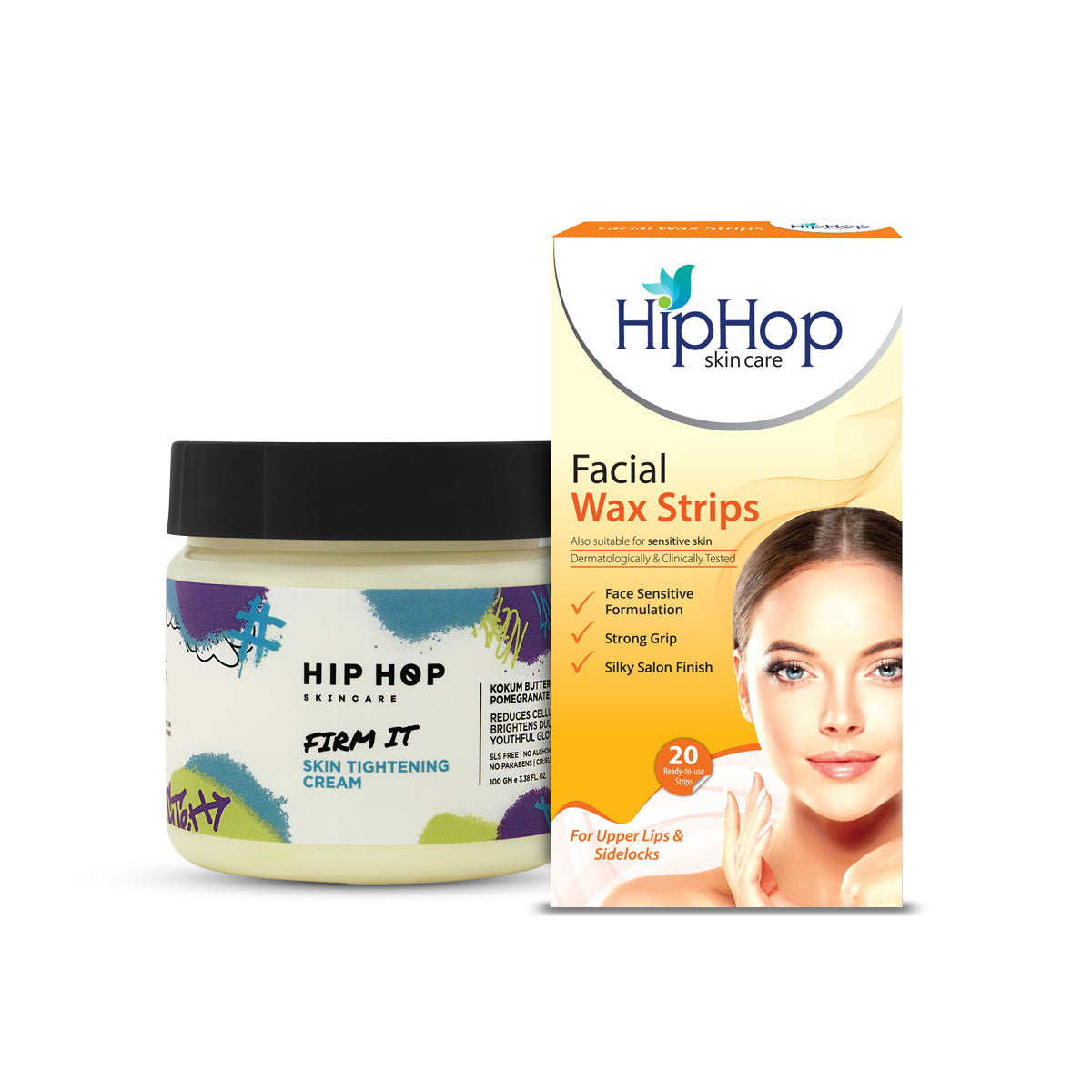 HipHop Facial Wax Strips (Argan Oil, 20 Strips) + Skin Tightening Cream (Pomegranate Extract, 100 gm)