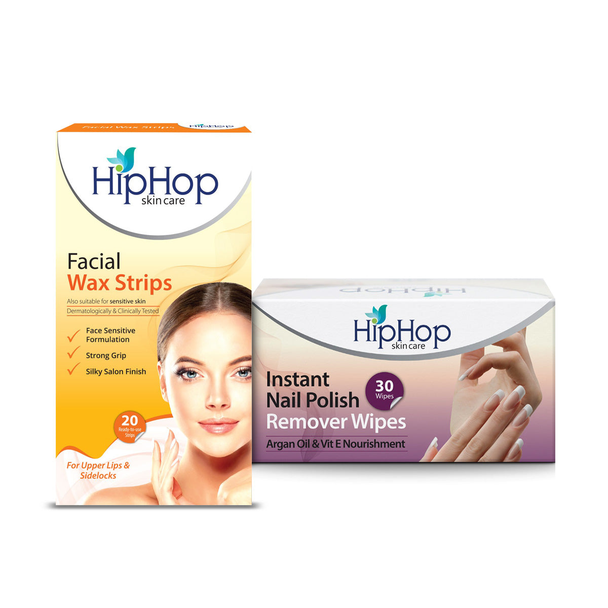 HipHop Facial Wax Strips (Argan Oil, 20 Strips) + Instant Nail Polish Remover Wipes (Argon Oil, 30 Wipes)