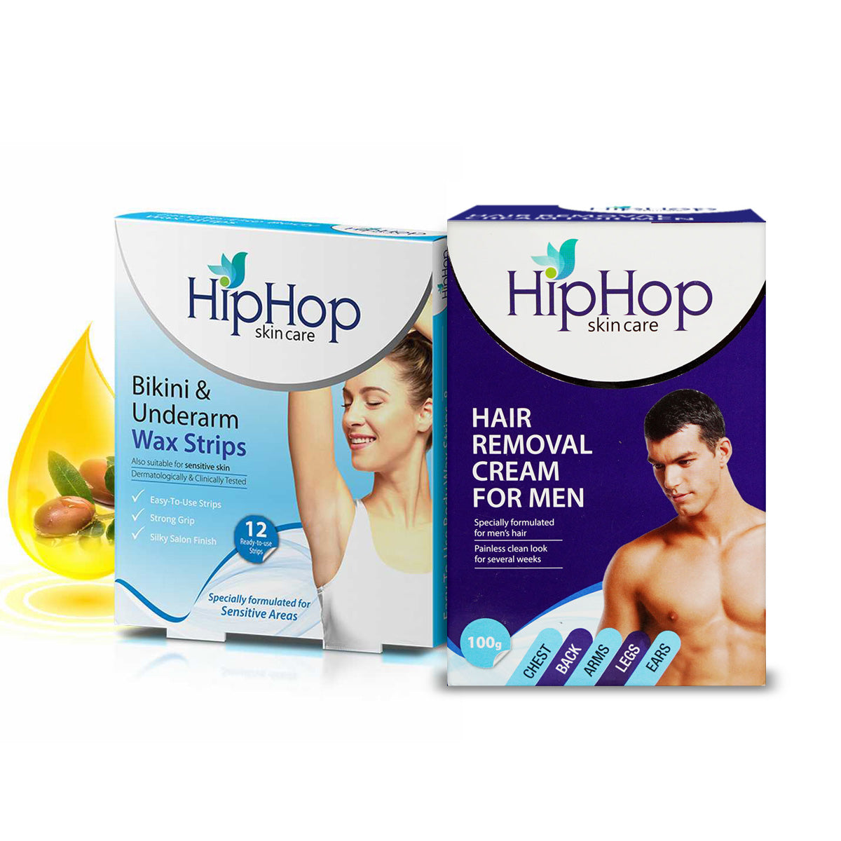 HipHop Bikini & Underarm Wax Strips (Argan Oil, 12 Strips) + Hair Removal Cream for Men (Aleo Vera, 100gm)