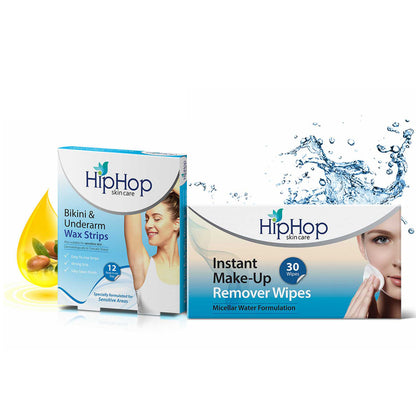 HipHop Bikini & Underarm Wax Strips (Argan Oil, 12 Strips) + Instant Makeup Remover Wipes (Micellar water, 30 Wipes)