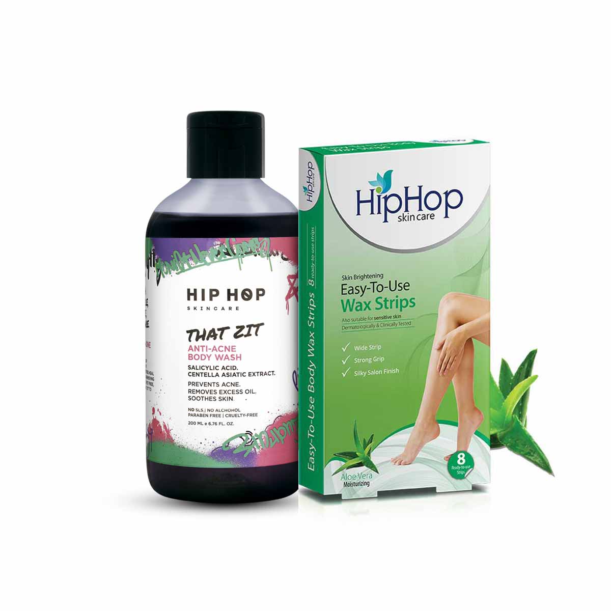 HipHop Body Wax Strips (Aloe Vera, 8 Strips) + Anti-Acne Body Cleanser (Salicylic Acid, 200 ml)