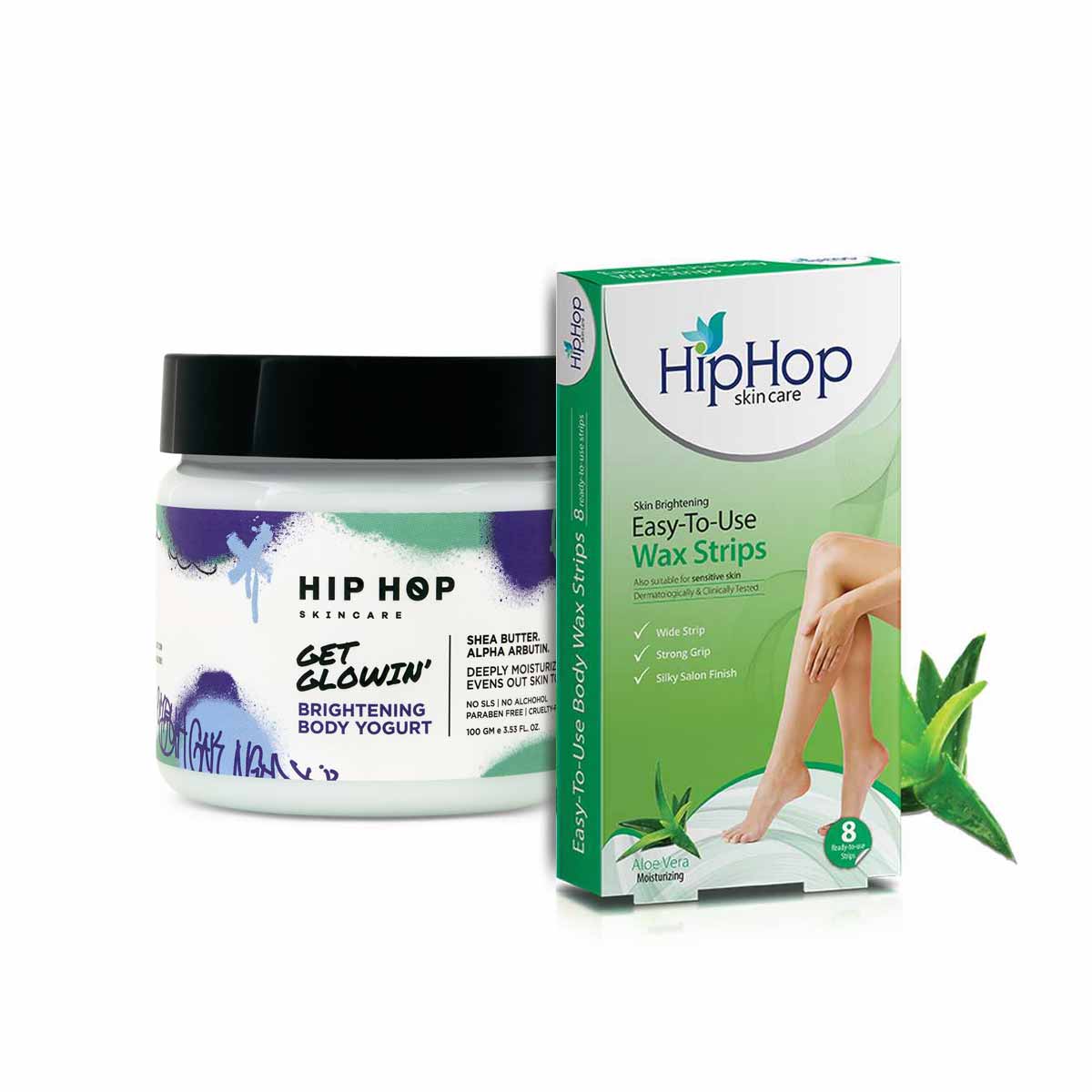 HipHop Body Wax Strips (Aloe Vera, 8 Strips) + Brightening Body Yogurt (100 gm)