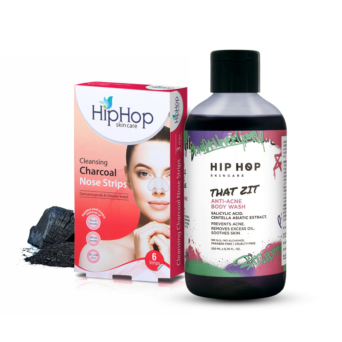HipHop Blackhead Remover Nose Strips for Women (Activated Charcoal, 6 Strips) + Anti-Acne Body Cleanser (Salicylic Acid, 200 ml)