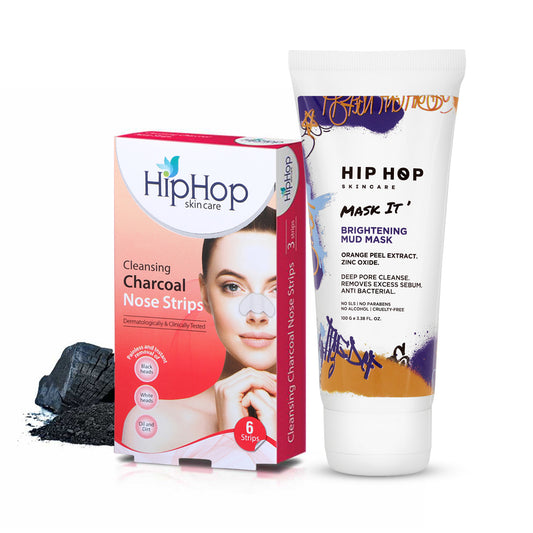 HipHop Blackhead Remover Nose Strips for Women (Activated Charcoal, 6 Strips) + Brightening Mud/Face Mask (Orange Peel Extract, 100 ml)