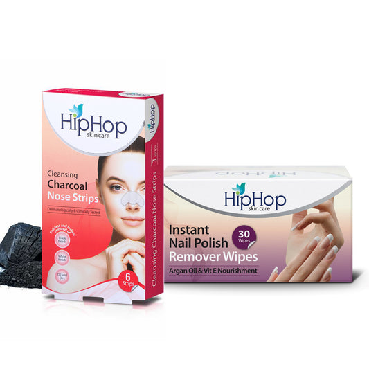 HipHop Blackhead Remover Nose Strips for Women (Activated Charcoal, 6 Strips) + Instant Nail Polish Remover Wipes (Argon Oil, 30 Wipes)