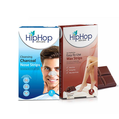 HipHop Blackhead Remover Nose Strips for Men (Activated Charcoal, 6 Strips) + Body Wax Strips (Choco Extract, 8 Strips)