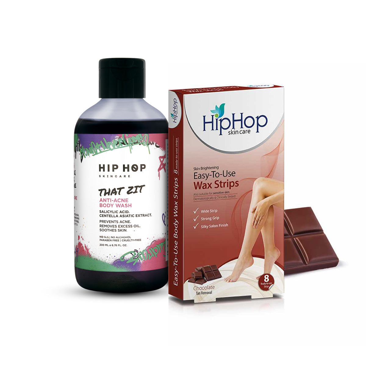 HipHop Body Wax Strips (Choco Extract, 8 Strips) + Anti-Acne Body Cleanser (Salicylic Acid, 200 ml)