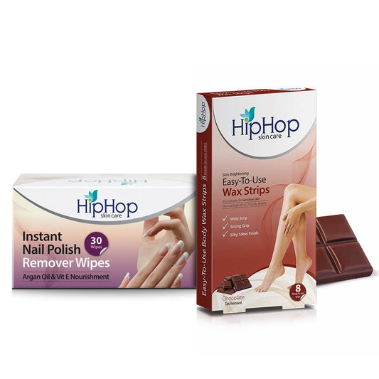 HipHop Body Wax Strips (Choco Extract, 8 Strips) + Instant Nail Polish Remover Wipes (Argon Oil, 30 Wipes)
