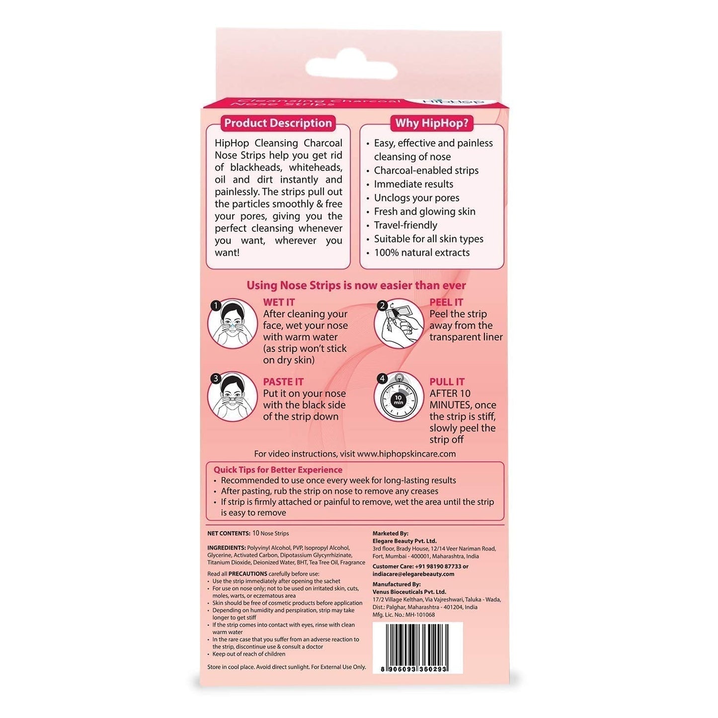 HipHop Blackhead Remover Nose Strips for Women (Activated Charcoal, 10 Strips) + Body Wax Strips (Aloe Vera, 8 Strips)