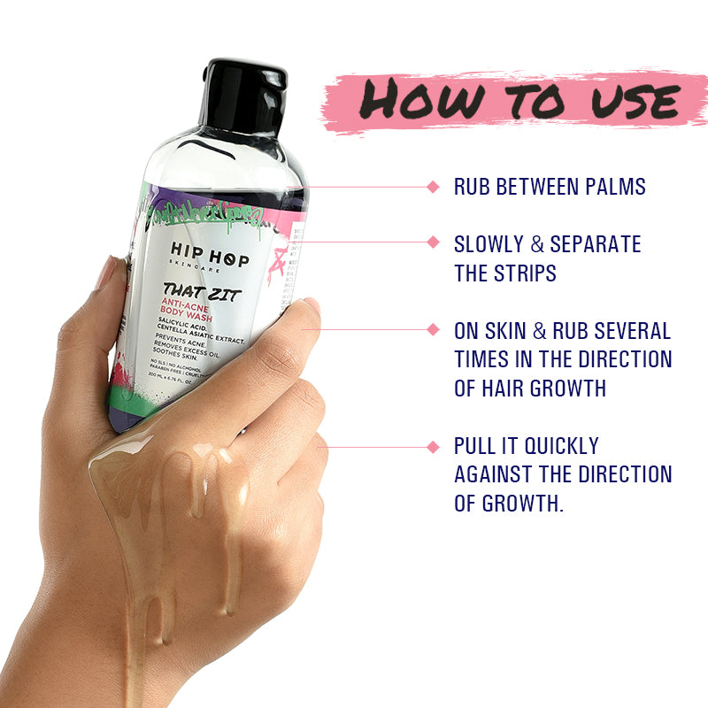 HipHop Body Wax Strips (Aloe Vera, 8 Strips) + Anti-Acne Body Cleanser (Salicylic Acid, 200 ml)