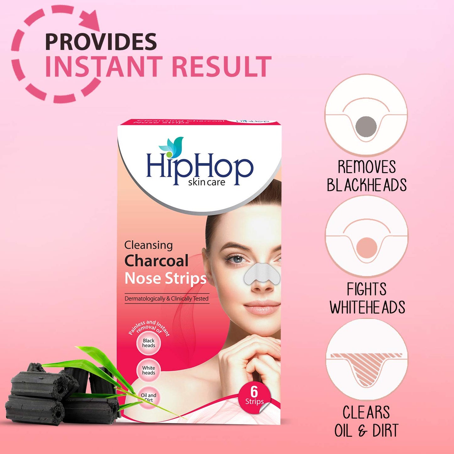 HipHop Blackhead Remover Nose Strips for Women (Activated Charcoal, 6 Strips) + Body Wax Strips (Aloe Vera, 8 Strips)