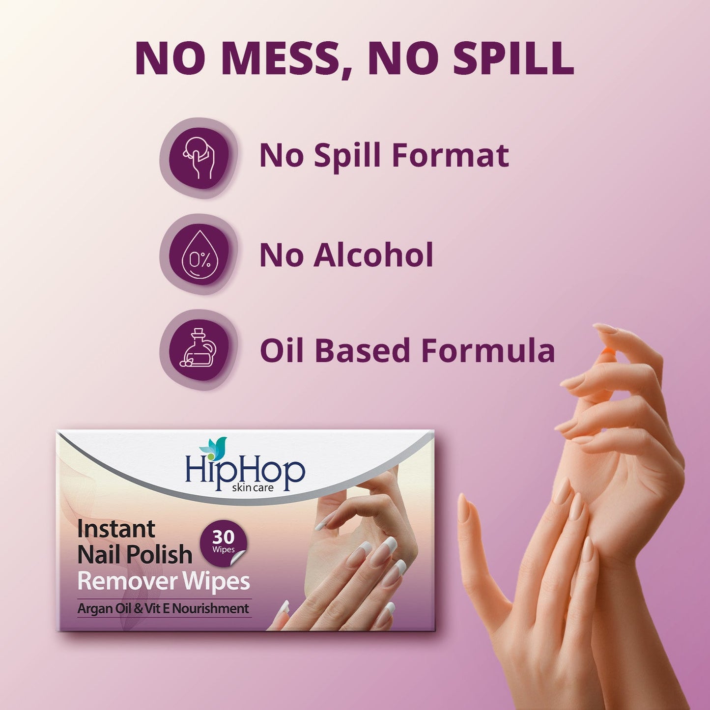 HipHop Instant Nail Polish Remover Wipes With Argan Oil & Vitamin E (30 Wipes)